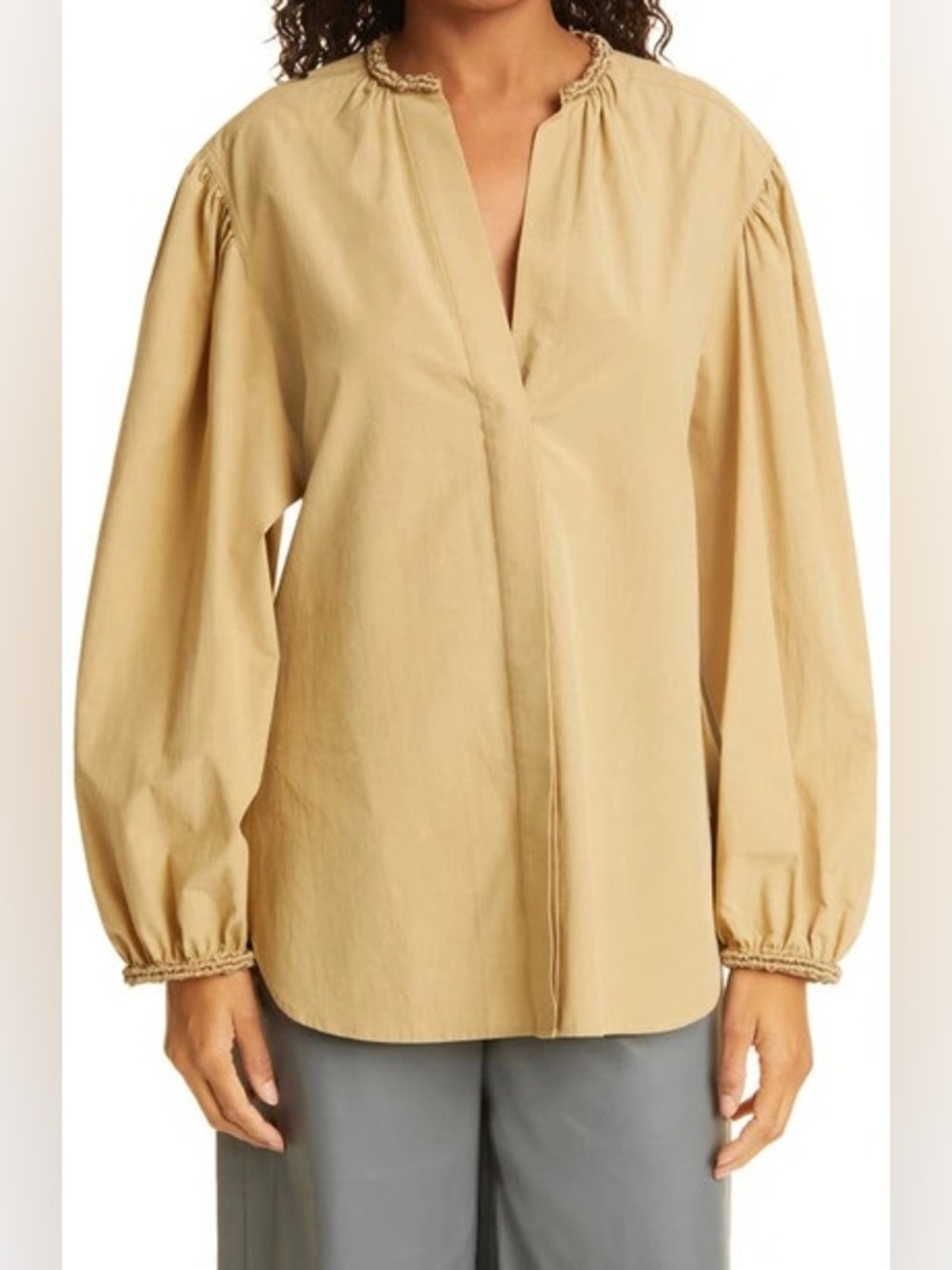 VINCE Braid Trim Band Collar Cotton Long Sleeve Blouse Sz XL Jute Tan Mustard
